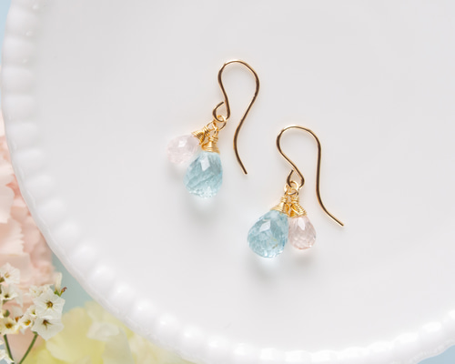 アクアマリンとモルガナイトのピアス（14KGF）／イヤリング ピアス