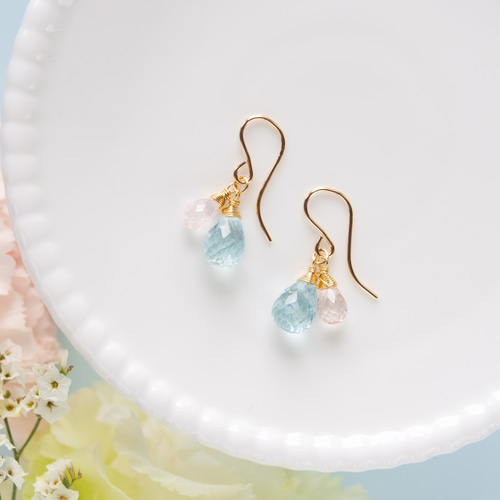 アクアマリンとモルガナイトのピアス（14KGF）／イヤリング ピアス