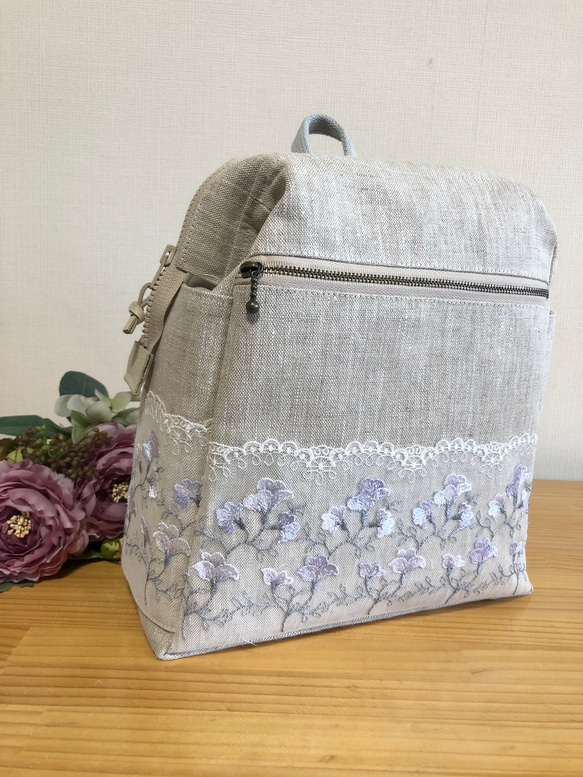 大人のリュック リネン×レース ライトパープル系 リュック・バック  