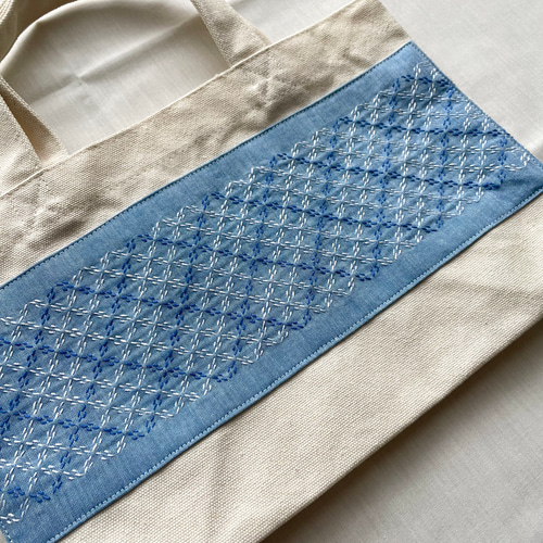 刺し子トートバッグS 斜め方眼/ブルー 刺繍 キャンバス ランチ