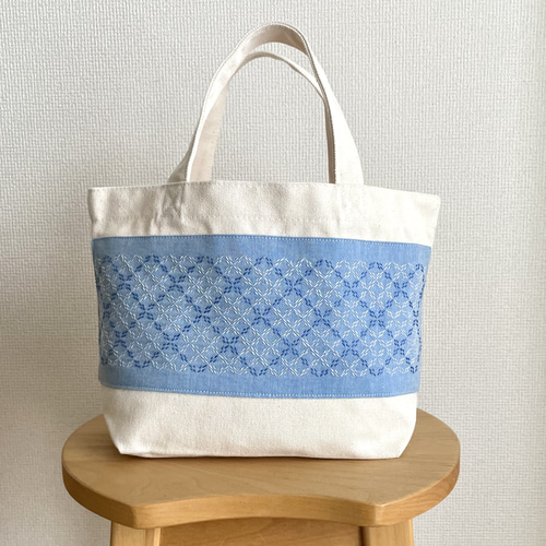 刺し子トートバッグS 斜め方眼/ブルー 刺繍 キャンバス ランチ