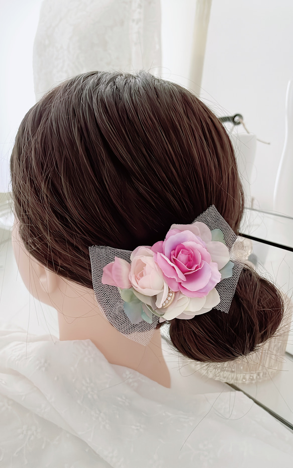 ピンクローズリボン＊ヘアアクセサリー✿アーティフィシャルフラワー 2枚目の画像