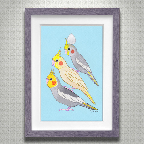 原画「リアルな小鳥ブレーメン オカメインコ親子」アート絵画 絵画 mau