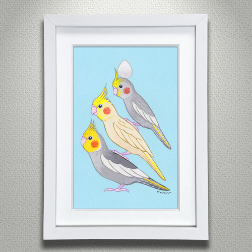 オーダー作品「小鳥ブレーメン（ポップ）　A4」イラスト/アート/絵画/似顔絵/鳥 原画「小鳥ブレーメン エメラルド」イラスト/アート/絵画/鳥/インコ