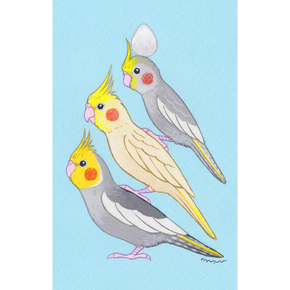 原画「リアルな小鳥ブレーメン　オカメインコ親子」アート絵画 3枚目の画像