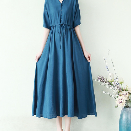 綿麻100% 手作りワンピース 紺色ワンピース 大きいサイズ