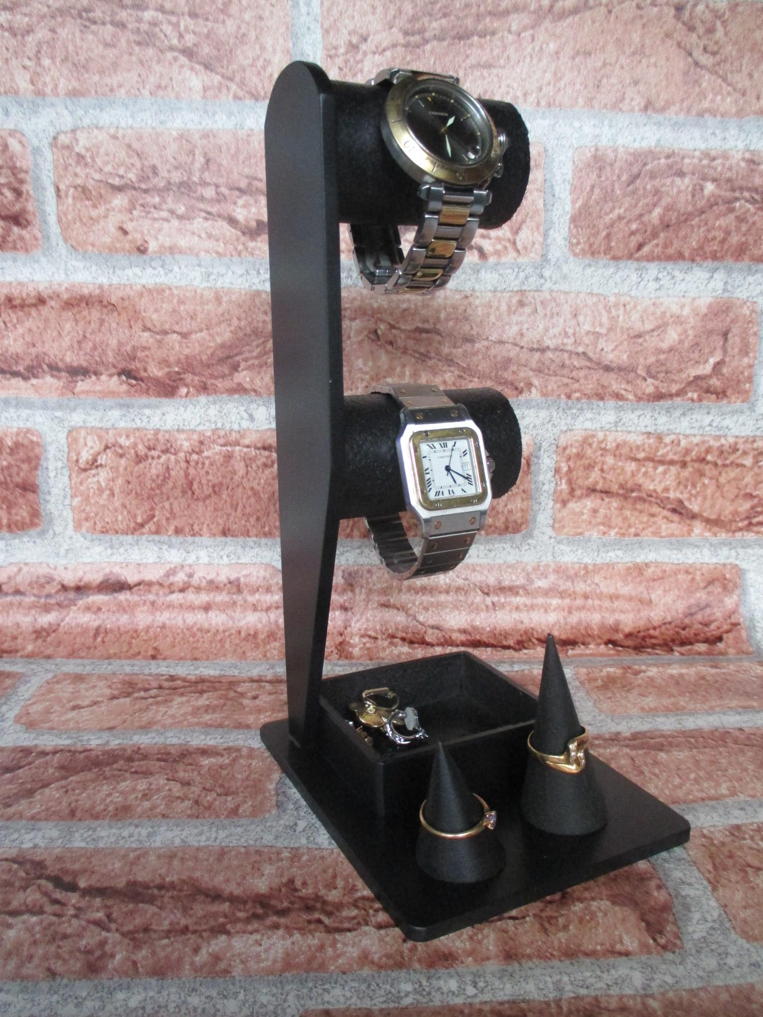 父の日　ラッピング　在庫あり　オールブラック2本掛け腕時計スタンド トレイ&リングスタンド 29,980円