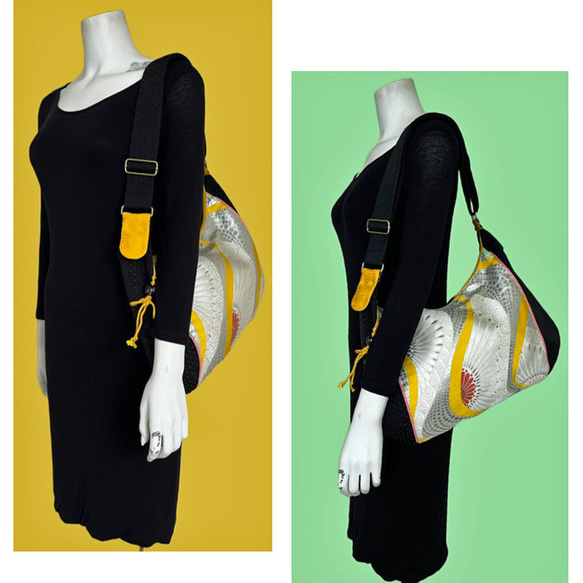 ユニークな帯のリメイク、個性的な斜めがけバッグ- シルバーの花模様/ 黄色のライン 5枚目の画像