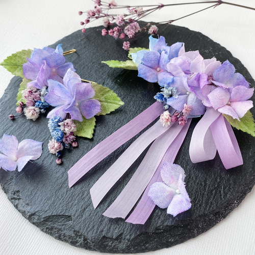 紫陽花とアンティークかすみ草のブーケピアス/イヤリング(樹脂、チタン