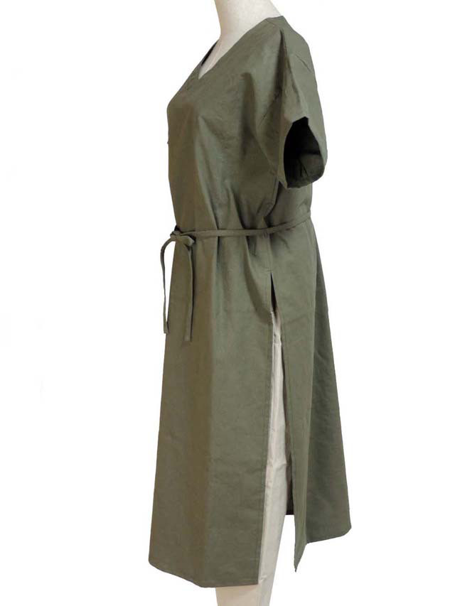 綿麻VネックTブラウス　ロング丈/半袖/オリーブ