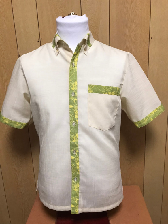 和柄プリント　黄色　かりゆしウェア　Mサイズ（沖縄、琉球、かすり柄、アロハ）No.40 和柄プリント　黄色　かりゆしウェア　Mサイズ 沖縄 琉球 かすり柄 アロハ No