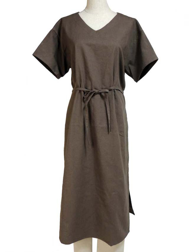 綿麻VネックTブラウス　ロング丈/半袖/チョコレート