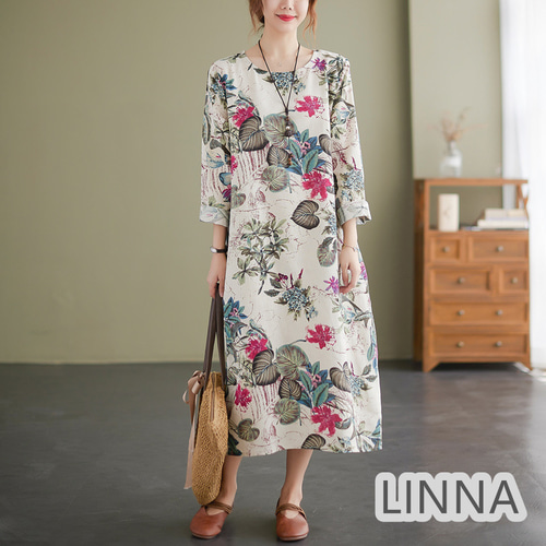 秋新作ナチュラル花柄綿麻長袖ロングワンピース ワンピース LINNA 通販