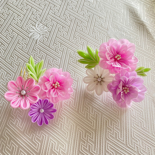 簪 かんざし 2点セット 桃色 ピンク 梅 菊 花 藤下がり つまみ