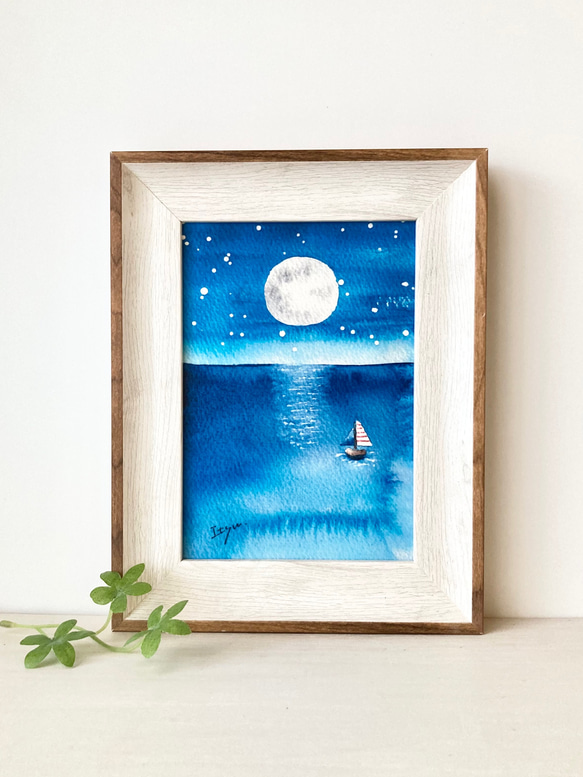透明水彩画 A4ポスター「満月の夜の海」北欧イラスト 北欧インテリア