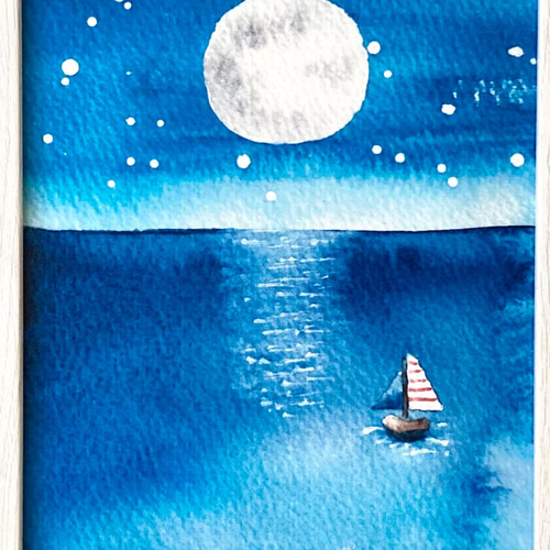 透明水彩画 A4ポスター「満月の夜の海」北欧イラスト 北欧インテリア