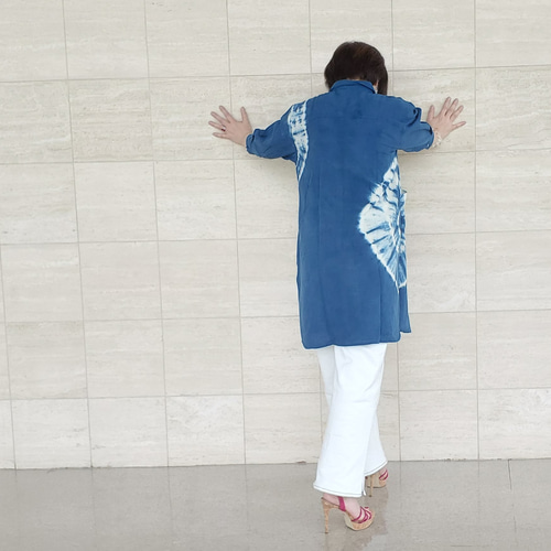割引中!! 藍染 藍染服 天然藍染 手染め ロングシャツ 3 シャツ 雪の華  