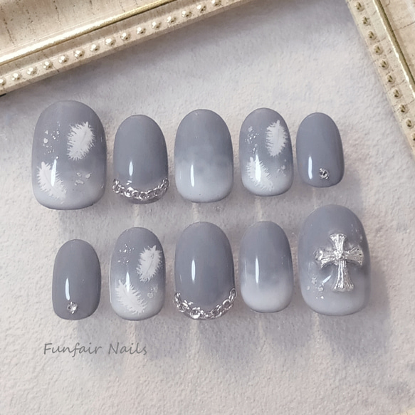 EVER NAIL グレー ネイルチップ 10個セット 天使の白昼夢(グレー) 〜 ネイルチップ 天使 ゴシック 十字架 羽