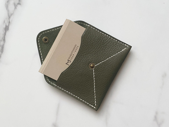 手工縫製橄欖綠老信封牛皮卡夾/零錢夾/名片夾 第4張的照片
