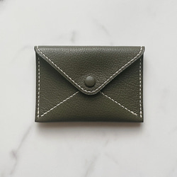 手工縫製橄欖綠老信封牛皮卡夾/零錢夾/名片夾 第2張的照片