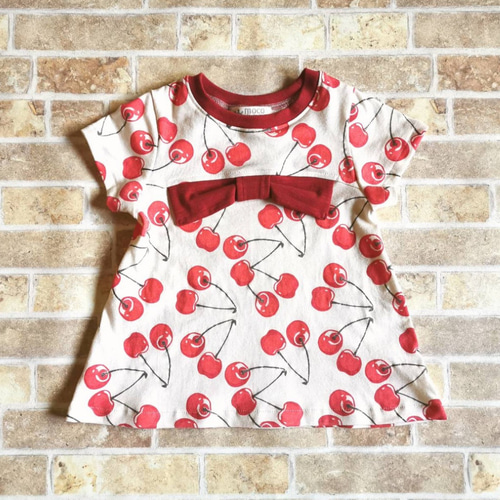 さくらんぼ柄 リボンTシャツ半袖 サイズオーダー（100.110.120
