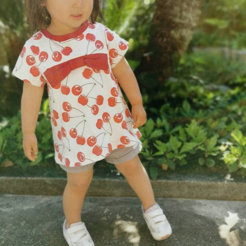 さくらんぼ柄 リボンTシャツ半袖 サイズオーダー（100.110.120） 子供