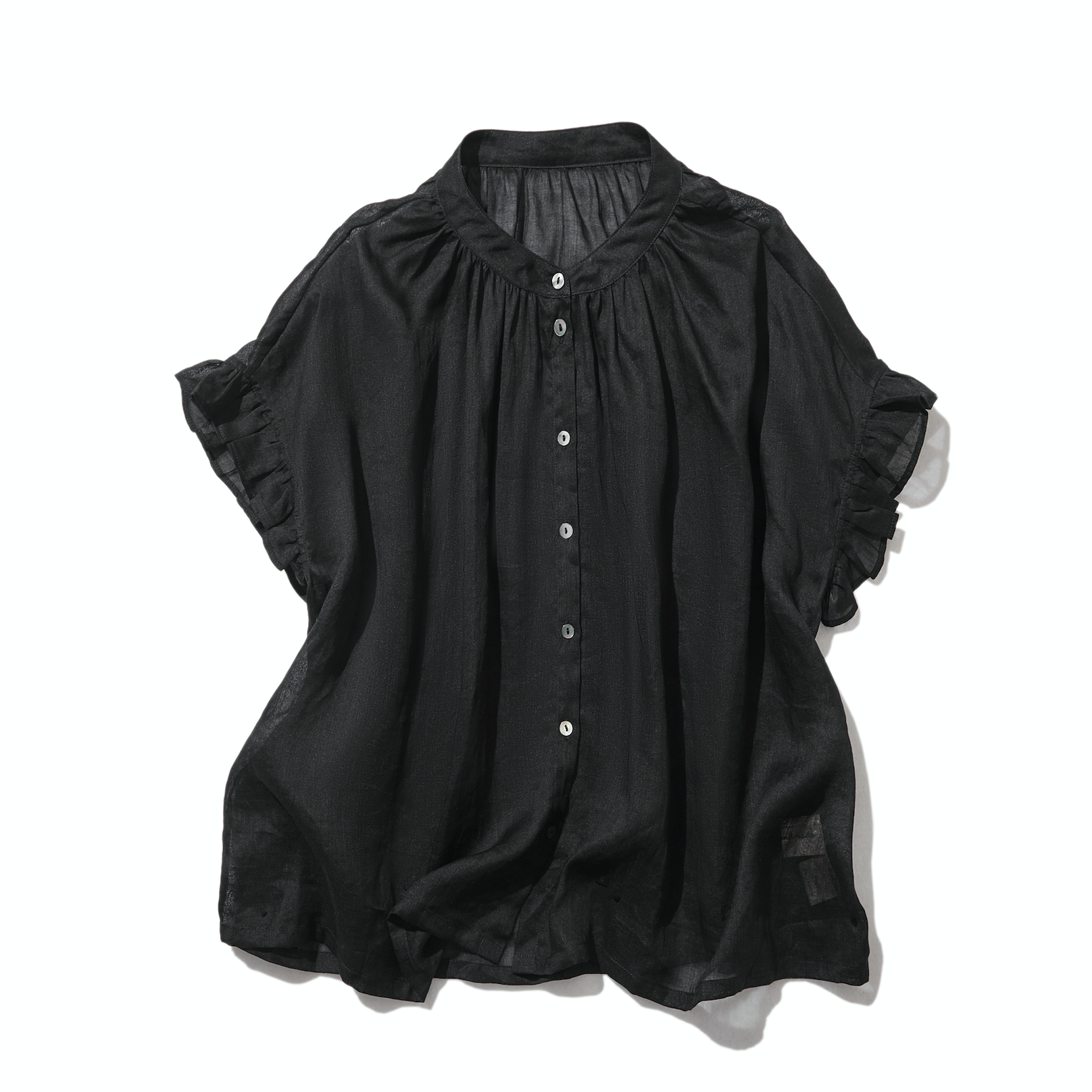 さらりと着心地良い　夏の定番シャツブラウス フリル袖 麻100％　220513-5
