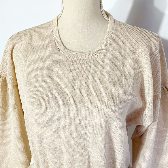 サマーニット✿７分袖 ベージュ ペプラム トップス　338 BEIGE GLITTER PEPLUM TOPS 4枚目の画像