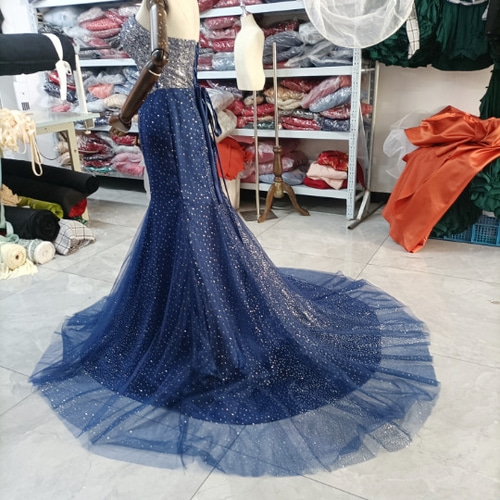 高品質！ キラキラチュール パーティードレス 紺/ネイビー マーメイド  