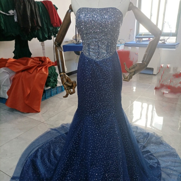 高品質！ キラキラチュール パーティードレス 紺/ネイビー マーメイド  