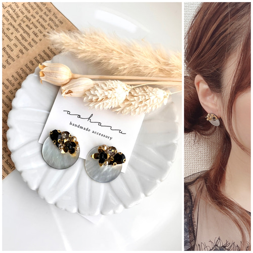 ブラック ビジュー ゴールドフラワー×シェルピアス/イヤリング ピアス 