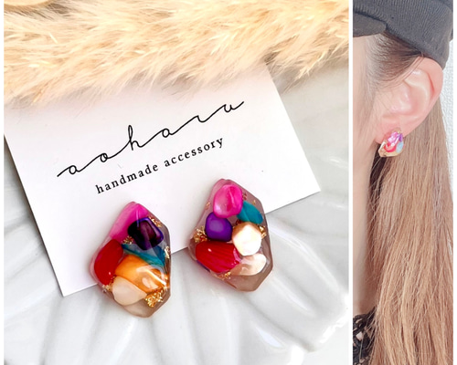 再販2 フリンジ ピンク グレー ピアス イヤリング ツイード リボン