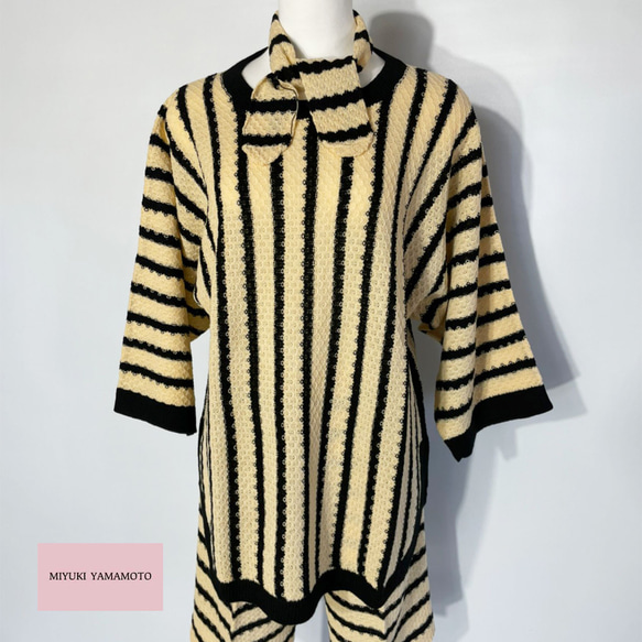 サマーニット✿ ブラック＆イエロー ストライプ チュニック　343 BLACK YELLOW STRIPE TUNIC 1枚目の画像