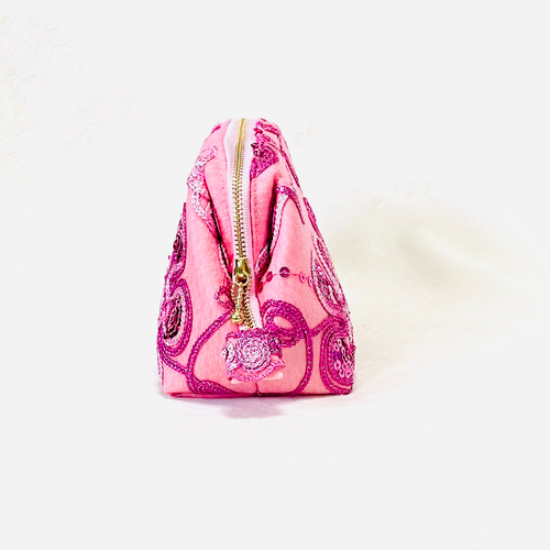 化粧ポーチ(ワイヤーポーチ)／キャンパス地／ピンクのお花