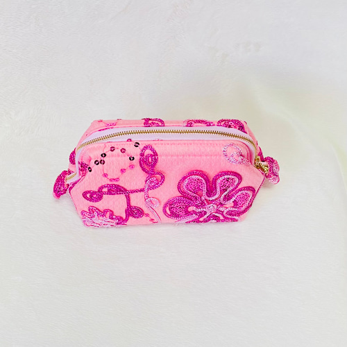 化粧ポーチ(ワイヤーポーチ)／キャンパス地／ピンクのお花