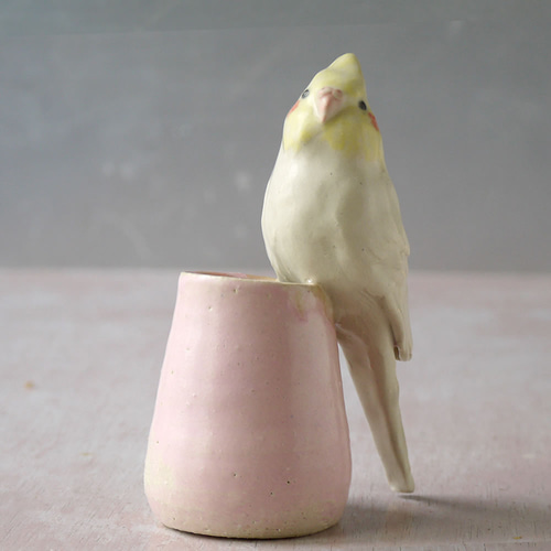 オカメインコの一輪挿し （陶器の小鳥オブジェ） 一輪挿し・花瓶