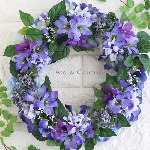 ☆桔梗 ネリネ 紫陽花 フラワーリース＜アーティフィシャルフラワー 