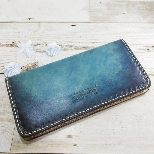 ☆本革長財布☆ハンドメイド☆選べる糸の色☆オーシャンブルー 長財布  