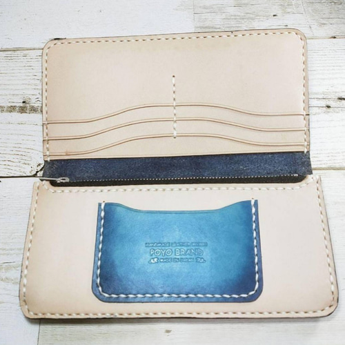 イタリアンレザー 本革 革 レザー 長財布　青ブルー　ハンドメイド ☆本革長財布☆ハンドメイド☆選べる糸の色☆オーシャンブルー