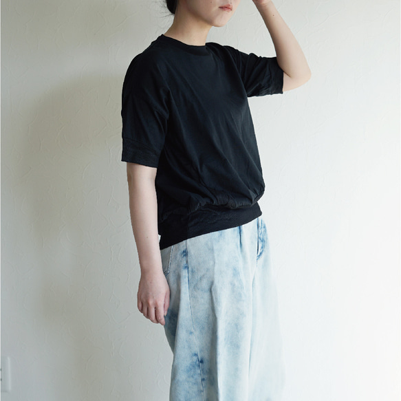 【浴衣ルームウェアNanafu】が作った大人のリブ切り替えTシャツ（ブラック）【 綿100% 】 Nanafu 1枚目の画像