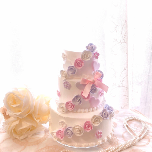 ながれる薔薇とお花のクレイケーキ イミテーションケーキ ウェルカム