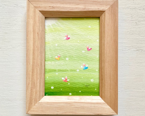 森の天使　透明水彩画　お値下げ致しました 透明水彩画「森の中の天使たち」ミニ額 イラスト プチギフト