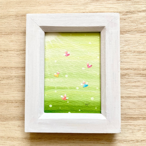 癒しの絵　水彩画　エンジェル 透明水彩画「森の中の天使たち」ミニ額 イラスト プチギフト
