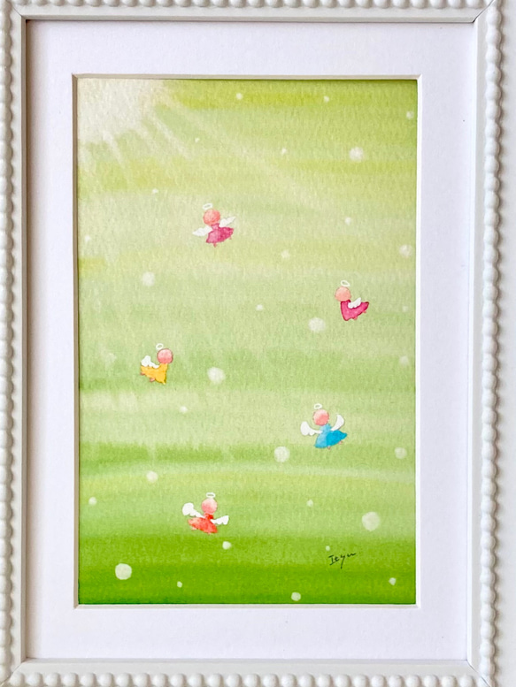 透明水彩画「森の中の天使たち」A4ポスター　イラスト　イラストポスター　エンジェル　癒し　神秘　ほっこり　森林　太陽　 2枚目の画像