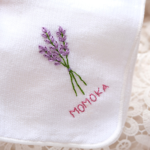 名入れ無料】ラベンダー手刺繍のガーゼタオルハンカチ ハンカチ