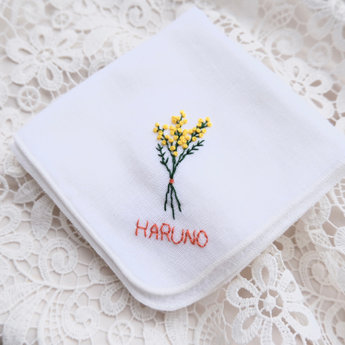 名入れ無料】ミモザ刺繍のガーゼタオルハンカチ ハンカチ・手ぬぐい し