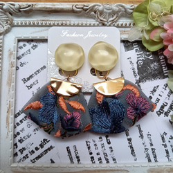 インド刺繍 リボン クリアカボション 2way おおぶり イヤリング/ピアス