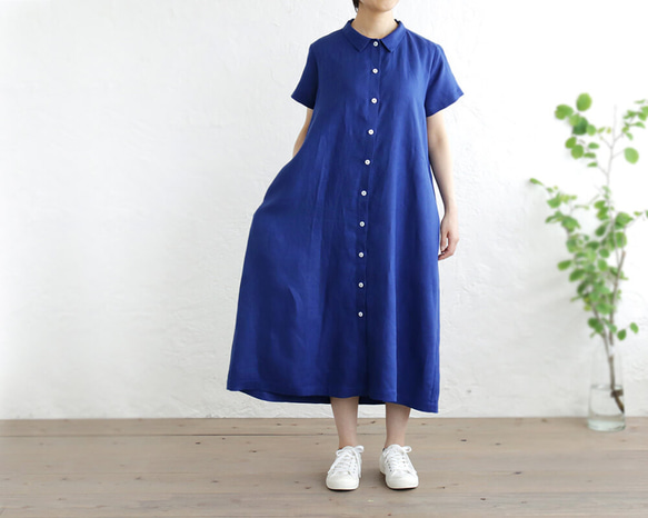 亞麻 2way 短袖襯衫連衣裙（寶藍色）OP04。 第3張的照片