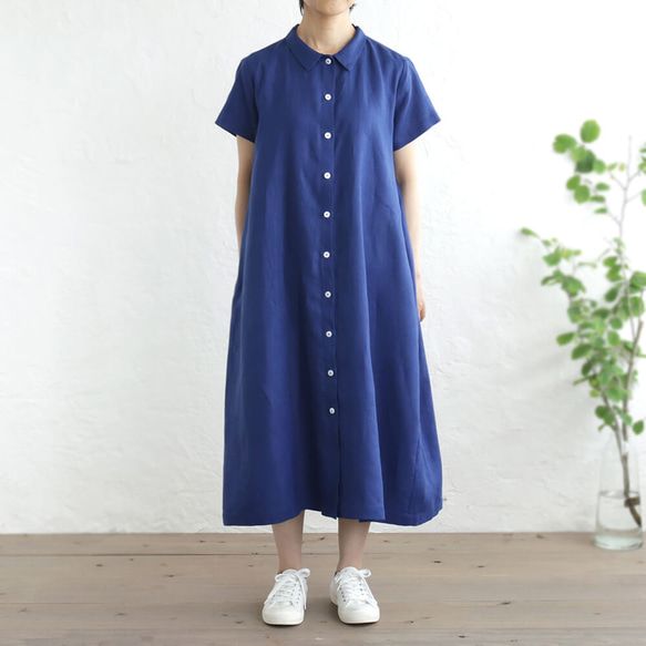 亞麻 2way 短袖襯衫連衣裙（寶藍色）OP04。 第4張的照片