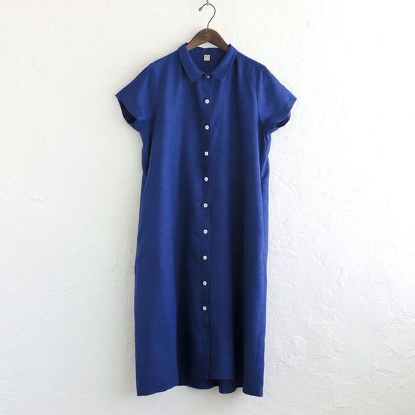 亞麻 2way 短袖襯衫連衣裙（寶藍色）OP04。 第7張的照片